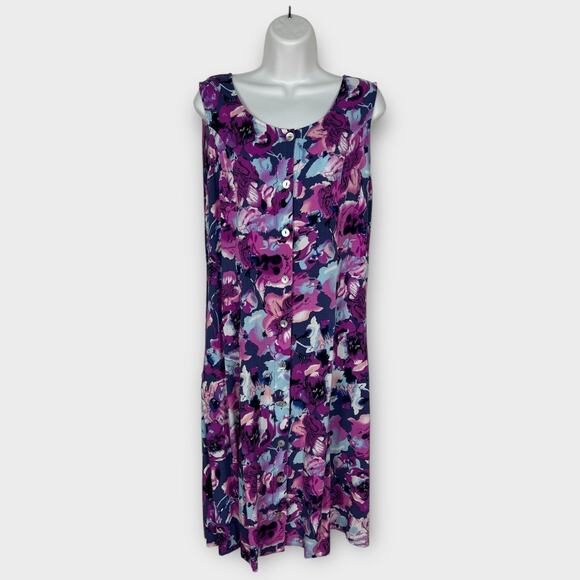90s Rayon Purple Floral Button Front Sleeveless Midi Dress Blair Small - Picture 1 of 7